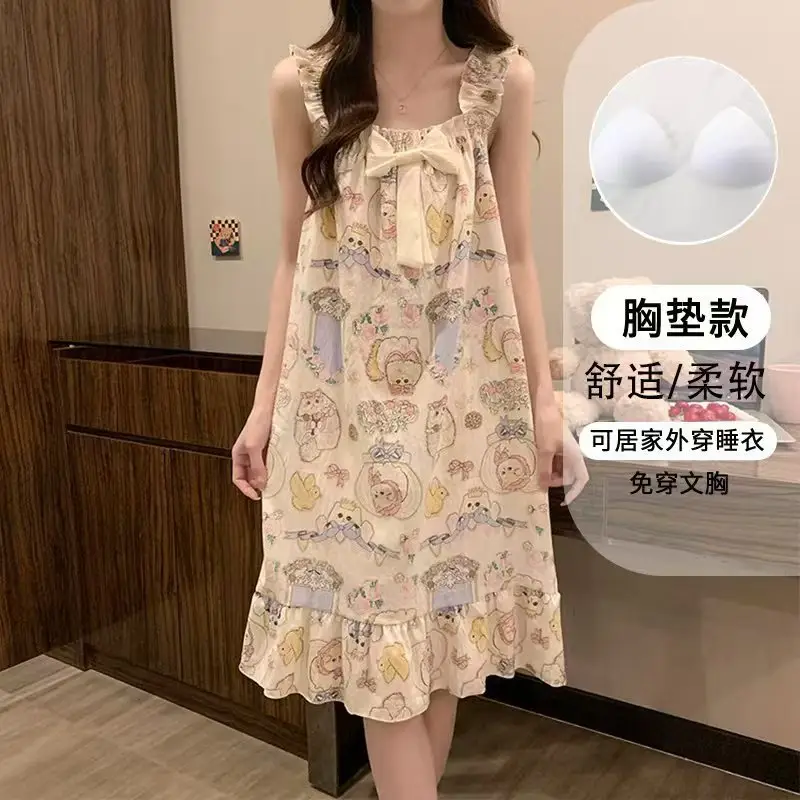 Fairy-Style Thin Polyester-Cotton Camisole Nightgown, Lazy Style, Breathable for Summer, Can Be Worn Outside, Girl's Home Wear, Sleeveless, Mid-Length