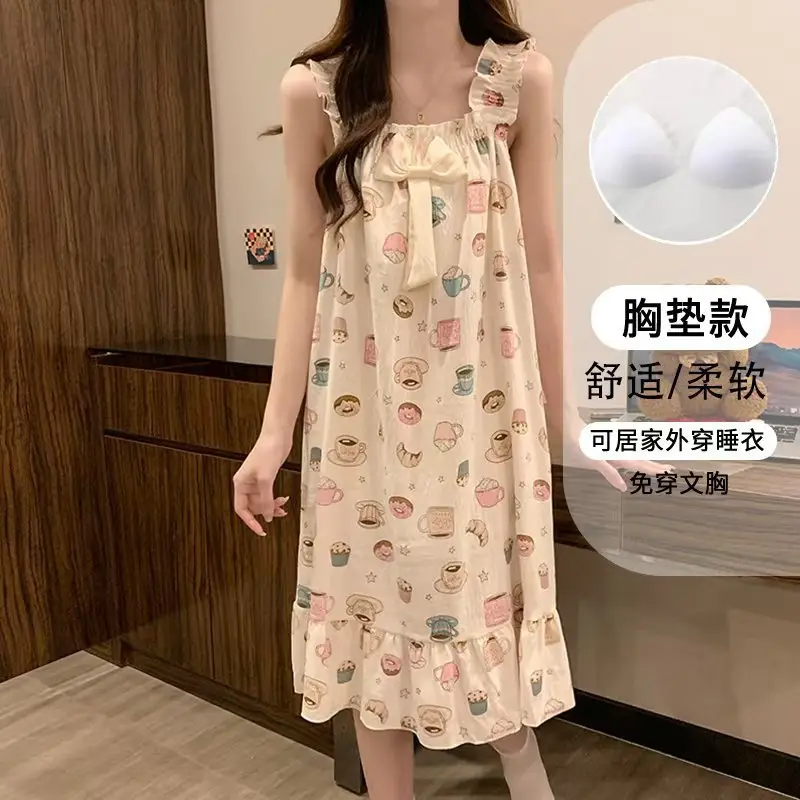 Fairy-Style Thin Polyester-Cotton Camisole Nightgown, Lazy Style, Breathable for Summer, Can Be Worn Outside, Girl's Home Wear, Sleeveless, Mid-Length
