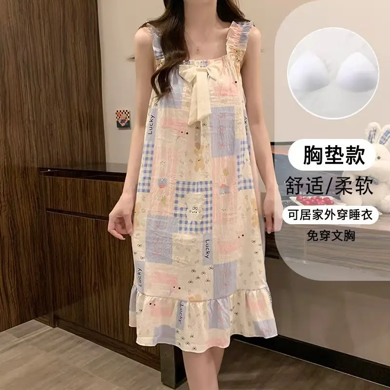 Fairy-Style Thin Polyester-Cotton Camisole Nightgown, Lazy Style, Breathable for Summer, Can Be Worn Outside, Girl's Home Wear, Sleeveless, Mid-Length