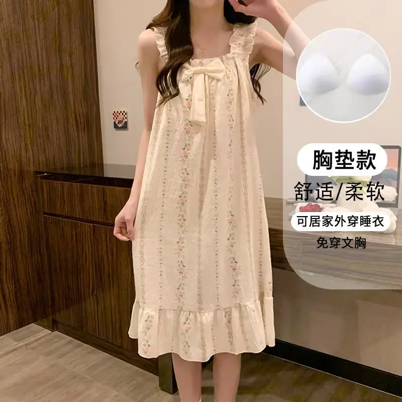 Fairy-Style Thin Polyester-Cotton Camisole Nightgown, Lazy Style, Breathable for Summer, Can Be Worn Outside, Girl's Home Wear, Sleeveless, Mid-Length