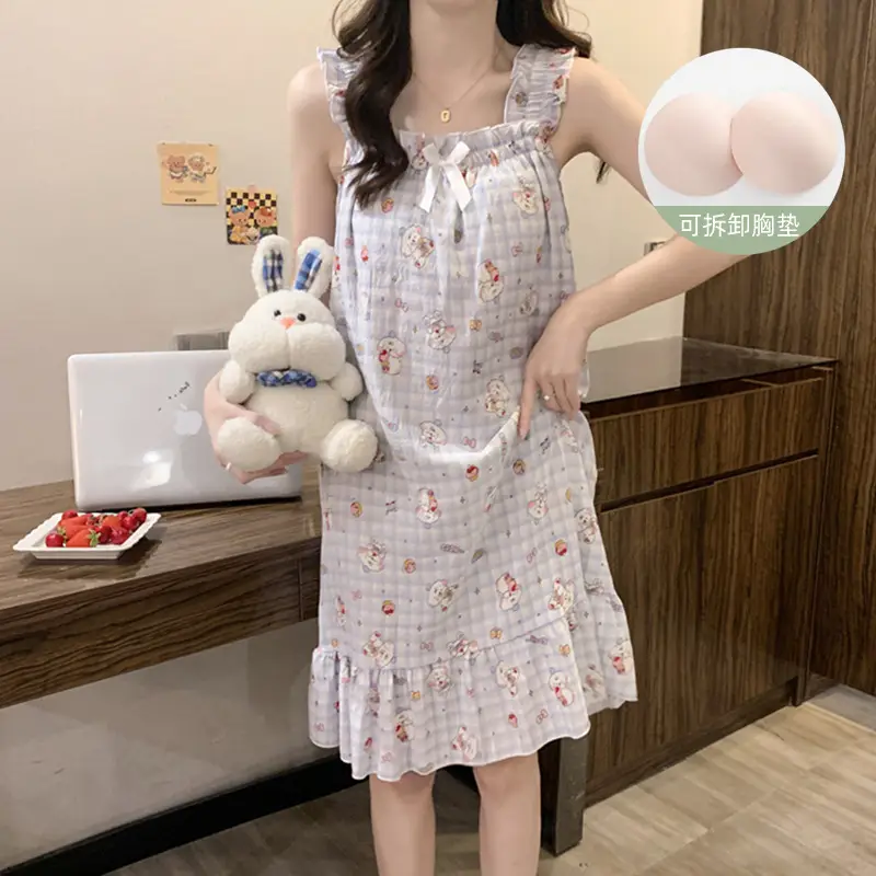 Fairy-Style Thin Polyester-Cotton Camisole Nightgown, Lazy Style, Breathable for Summer, Can Be Worn Outside, Girl's Home Wear, Sleeveless, Mid-Length