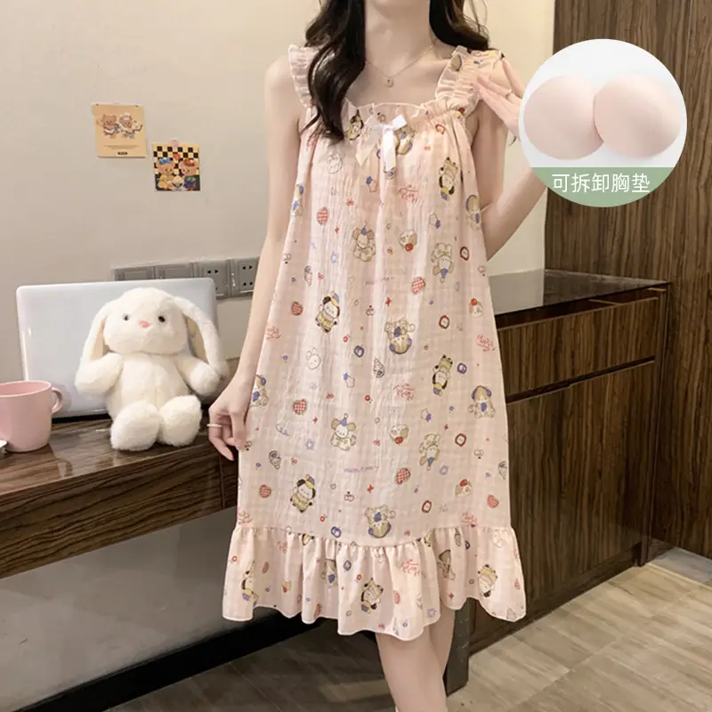 Fairy-Style Thin Polyester-Cotton Camisole Nightgown, Lazy Style, Breathable for Summer, Can Be Worn Outside, Girl's Home Wear, Sleeveless, Mid-Length