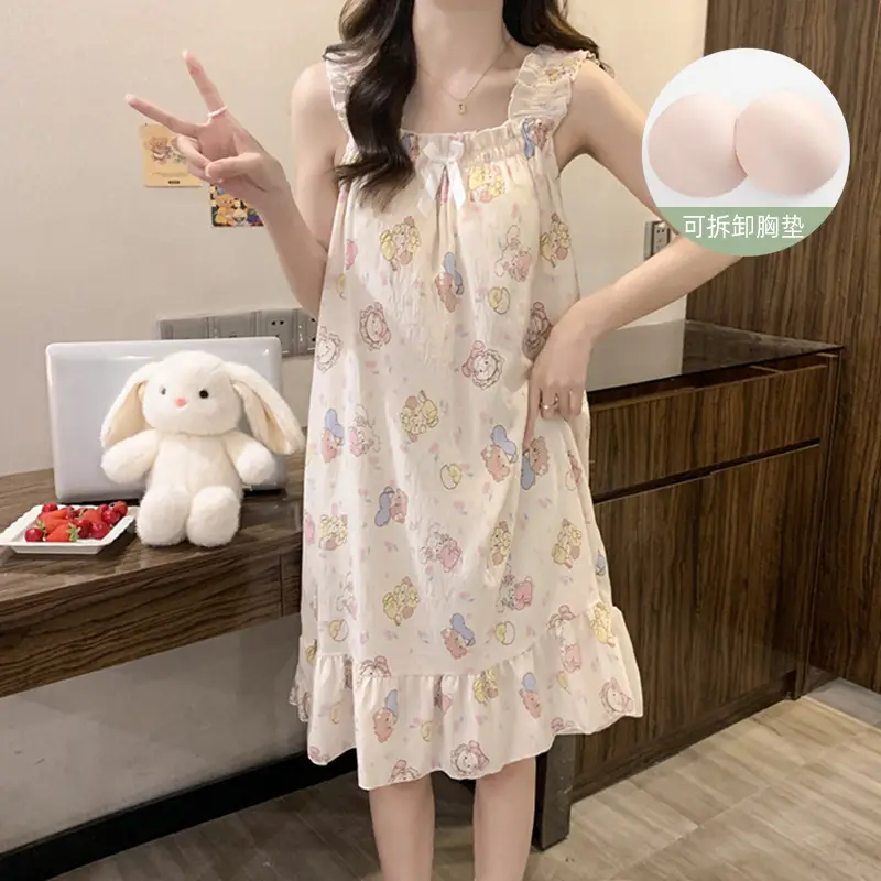 Fairy-Style Thin Polyester-Cotton Camisole Nightgown, Lazy Style, Breathable for Summer, Can Be Worn Outside, Girl's Home Wear, Sleeveless, Mid-Length