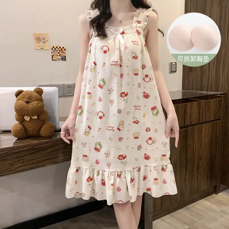 Fairy-Style Thin Polyester-Cotton Camisole Nightgown, Lazy Style, Breathable for Summer, Can Be Worn Outside, Girl's Home Wear, Sleeveless, Mid-Length