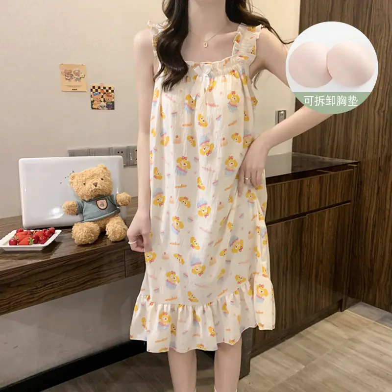 Fairy-Style Thin Polyester-Cotton Camisole Nightgown, Lazy Style, Breathable for Summer, Can Be Worn Outside, Girl's Home Wear, Sleeveless, Mid-Length