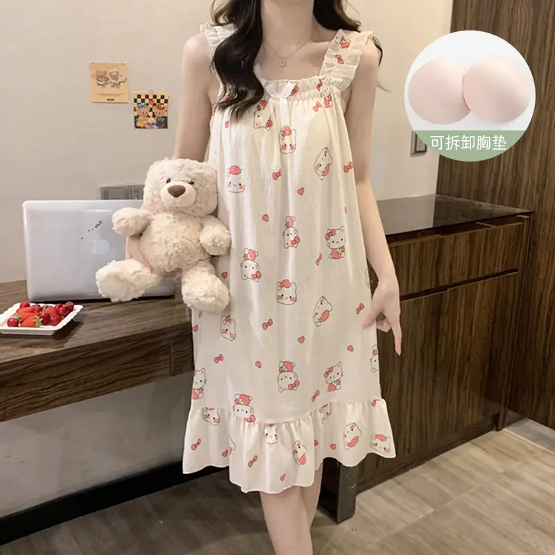 Fairy-Style Thin Polyester-Cotton Camisole Nightgown, Lazy Style, Breathable for Summer, Can Be Worn Outside, Girl's Home Wear, Sleeveless, Mid-Length