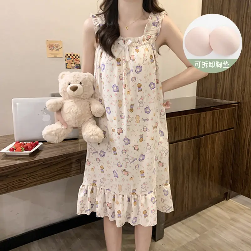 Fairy-Style Thin Polyester-Cotton Camisole Nightgown, Lazy Style, Breathable for Summer, Can Be Worn Outside, Girl's Home Wear, Sleeveless, Mid-Length