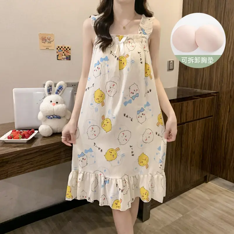 Fairy-Style Thin Polyester-Cotton Camisole Nightgown, Lazy Style, Breathable for Summer, Can Be Worn Outside, Girl's Home Wear, Sleeveless, Mid-Length