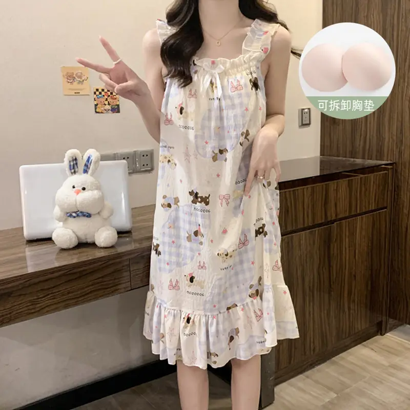 Fairy-Style Thin Polyester-Cotton Camisole Nightgown, Lazy Style, Breathable for Summer, Can Be Worn Outside, Girl's Home Wear, Sleeveless, Mid-Length