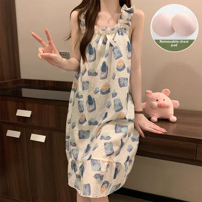 Fairy-Style Thin Polyester-Cotton Camisole Nightgown, Lazy Style, Breathable for Summer, Can Be Worn Outside, Girl's Home Wear, Sleeveless, Mid-Length