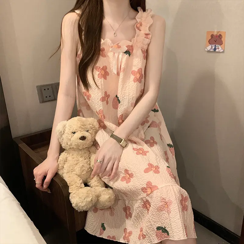 Fairy-Style Thin Polyester-Cotton Camisole Nightgown, Lazy Style, Breathable for Summer, Can Be Worn Outside, Girl's Home Wear, Sleeveless, Mid-Length