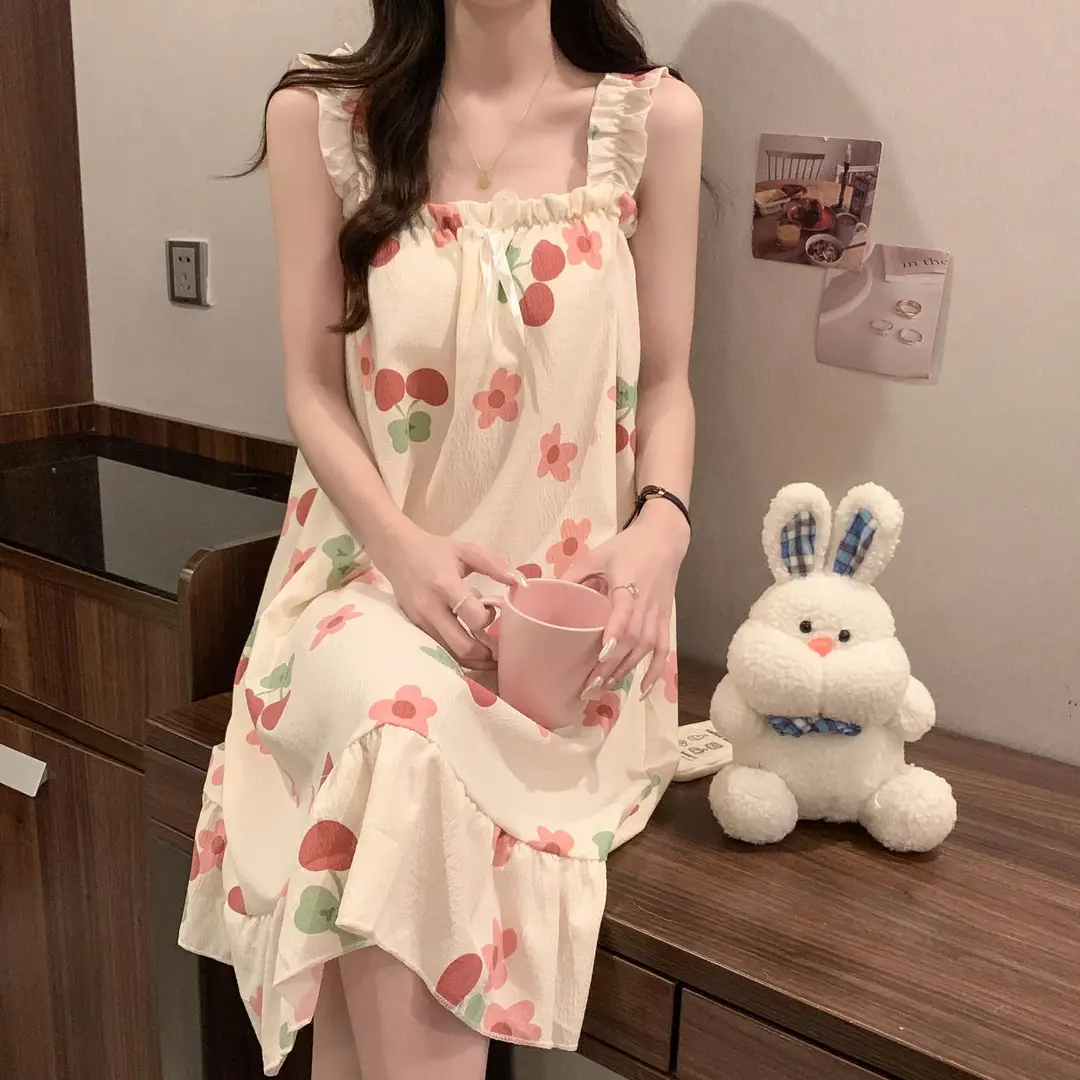 Fairy-Style Thin Polyester-Cotton Camisole Nightgown, Lazy Style, Breathable for Summer, Can Be Worn Outside, Girl's Home Wear, Sleeveless, Mid-Length