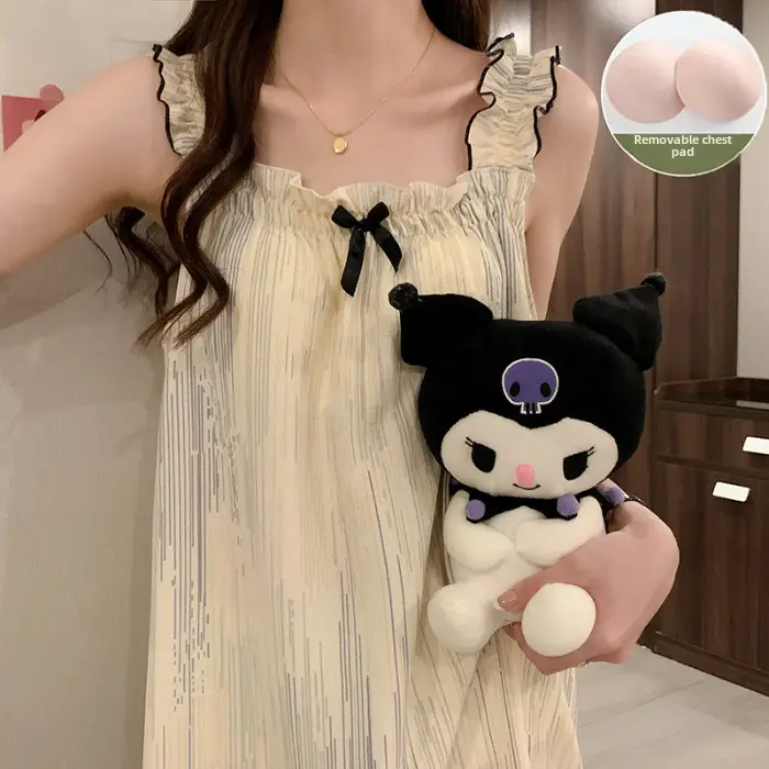 Fairy-Style Thin Polyester-Cotton Camisole Nightgown, Lazy Style, Breathable for Summer, Can Be Worn Outside, Girl's Home Wear, Sleeveless, Mid-Length
