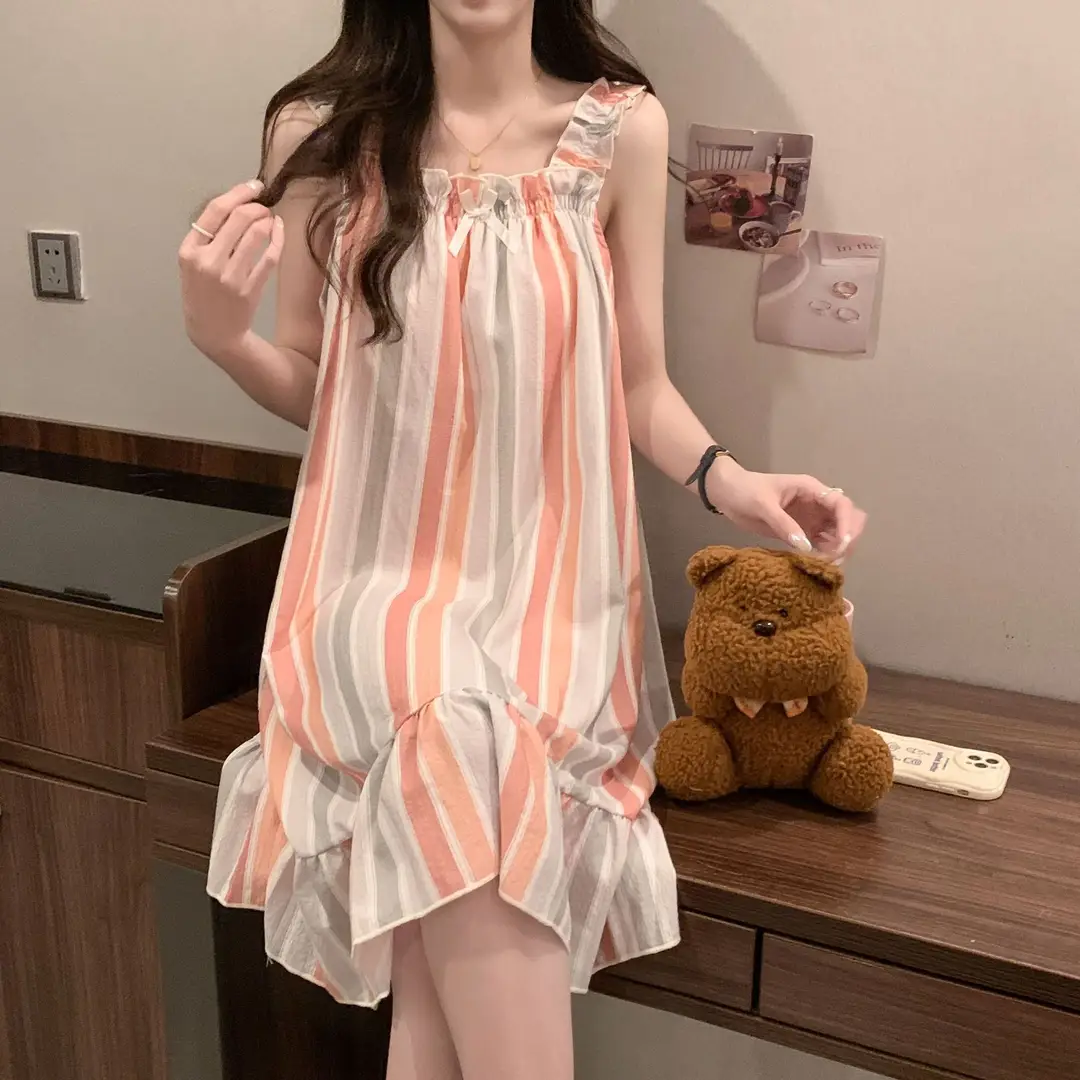 Fairy-Style Thin Polyester-Cotton Camisole Nightgown, Lazy Style, Breathable for Summer, Can Be Worn Outside, Girl's Home Wear, Sleeveless, Mid-Length