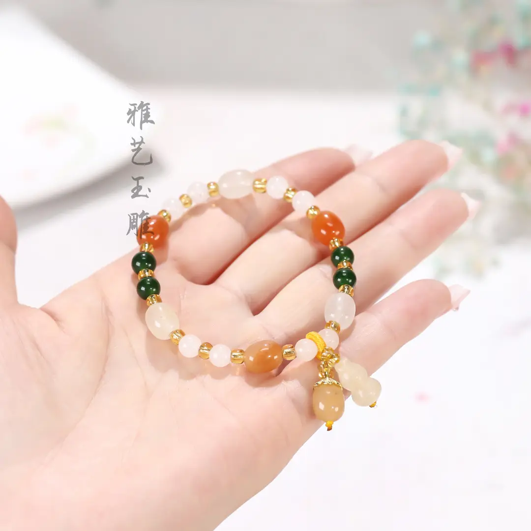 Women's Jade Bracelet with Green & Orange Stones - Image 5