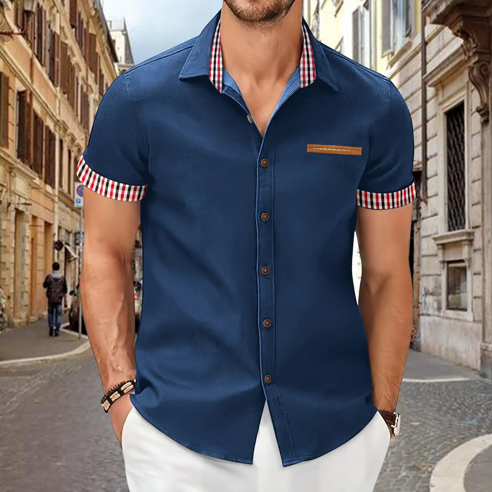 Men Black Plaid Short Sleeve Business Shirt - Image 6