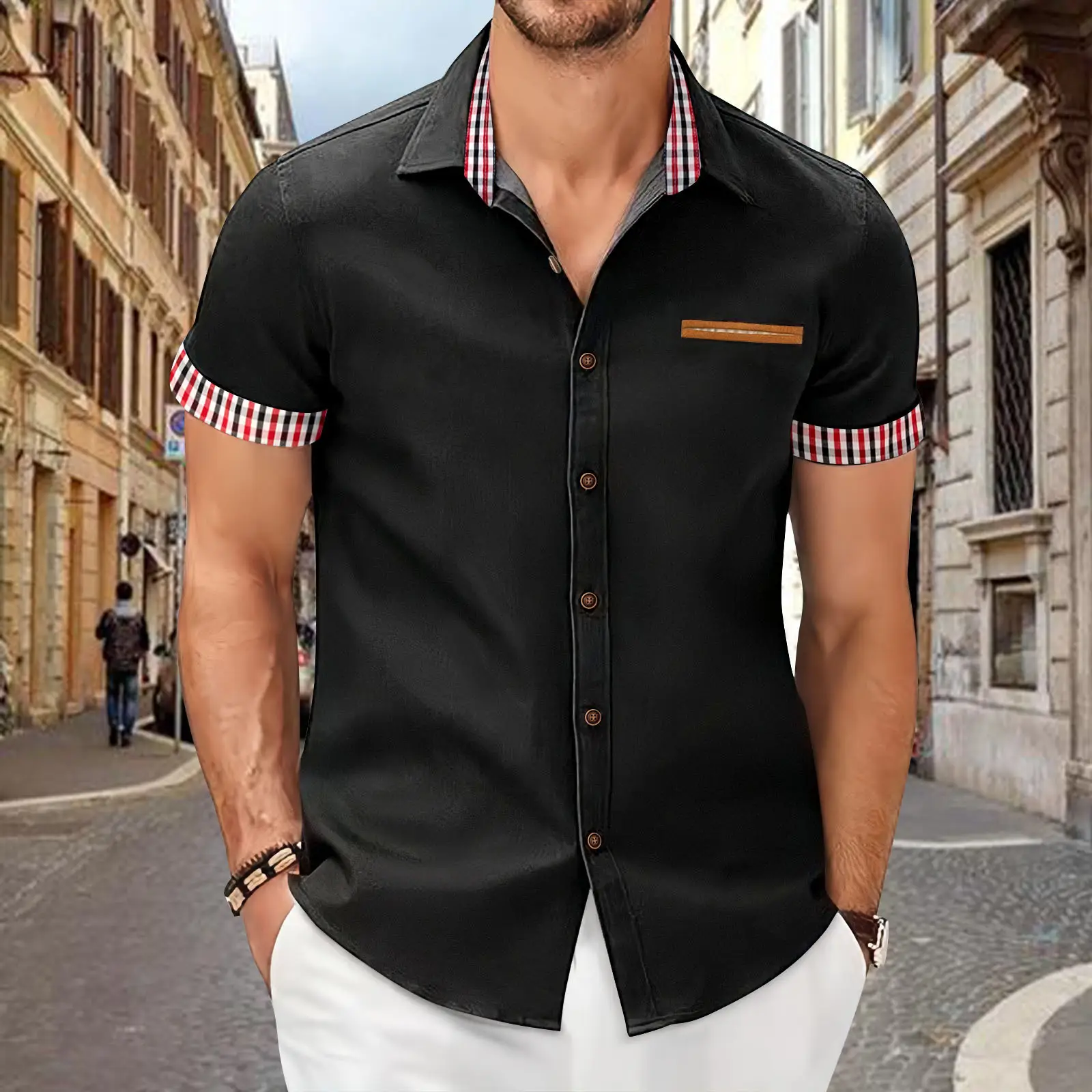 Men Black Plaid Short Sleeve Business Shirt - Image 7