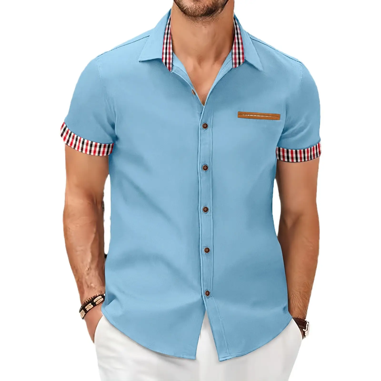 Men Black Plaid Short Sleeve Business Shirt - Image 9