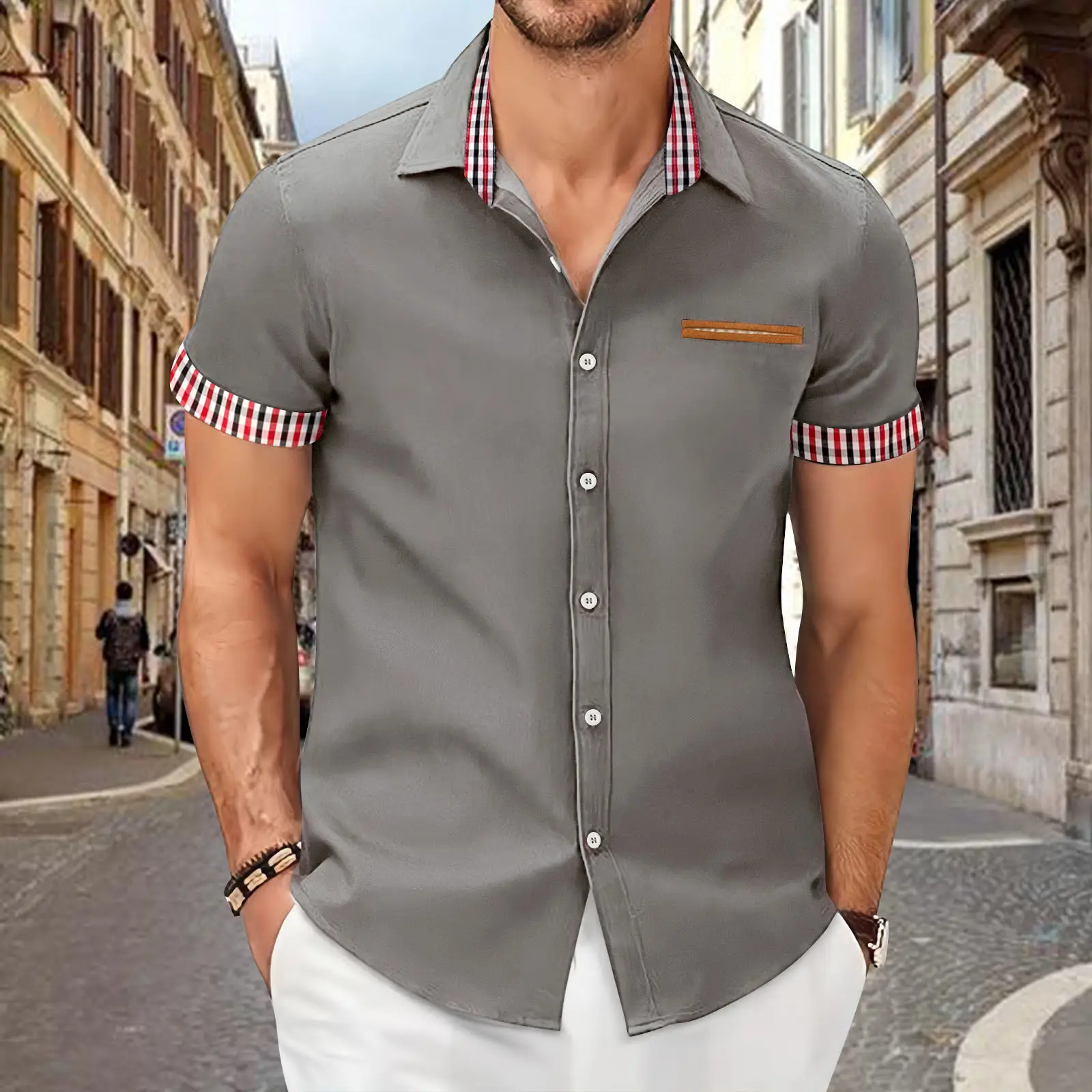 Men Black Plaid Short Sleeve Business Shirt — feature 5