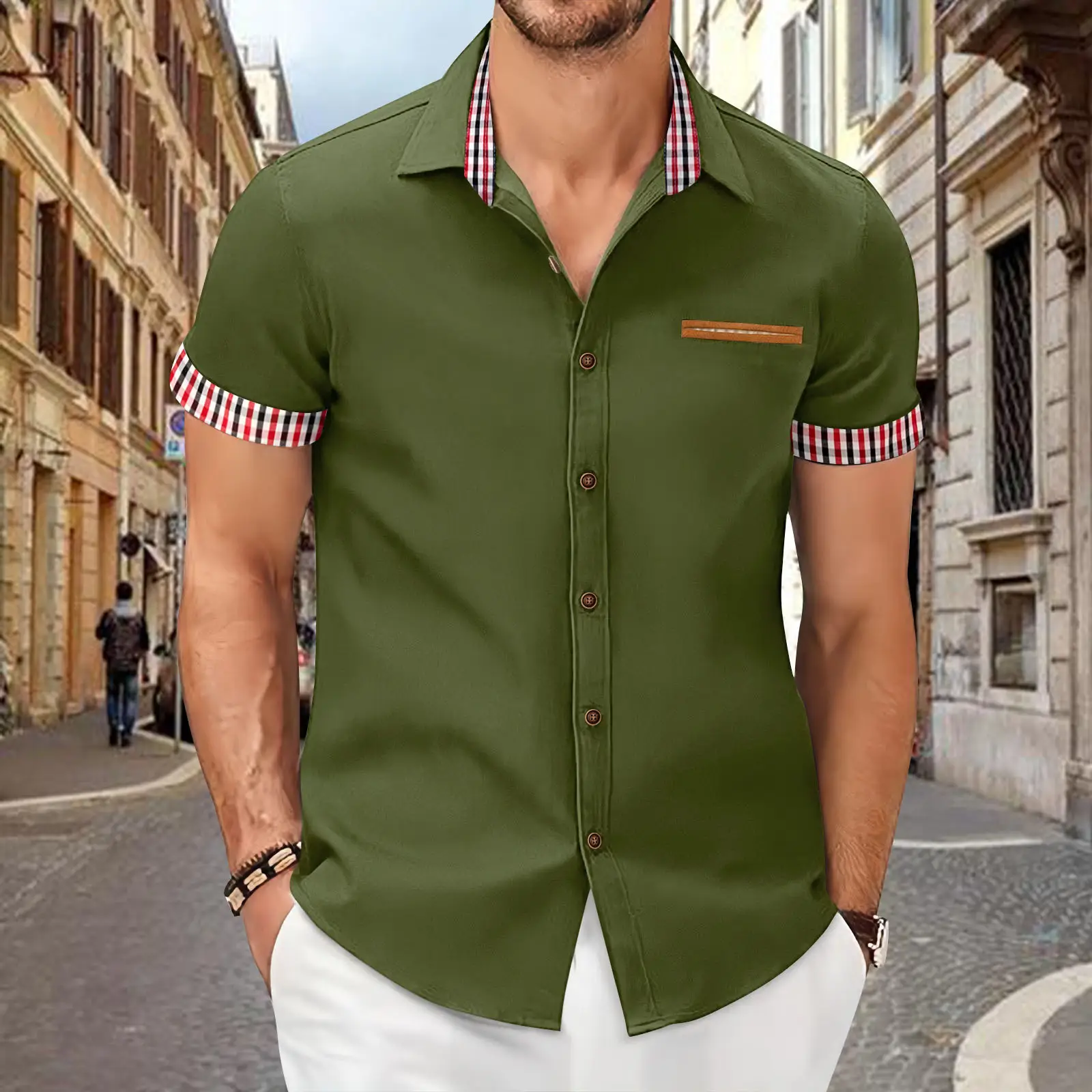 Men Black Plaid Short Sleeve Business Shirt — feature 6