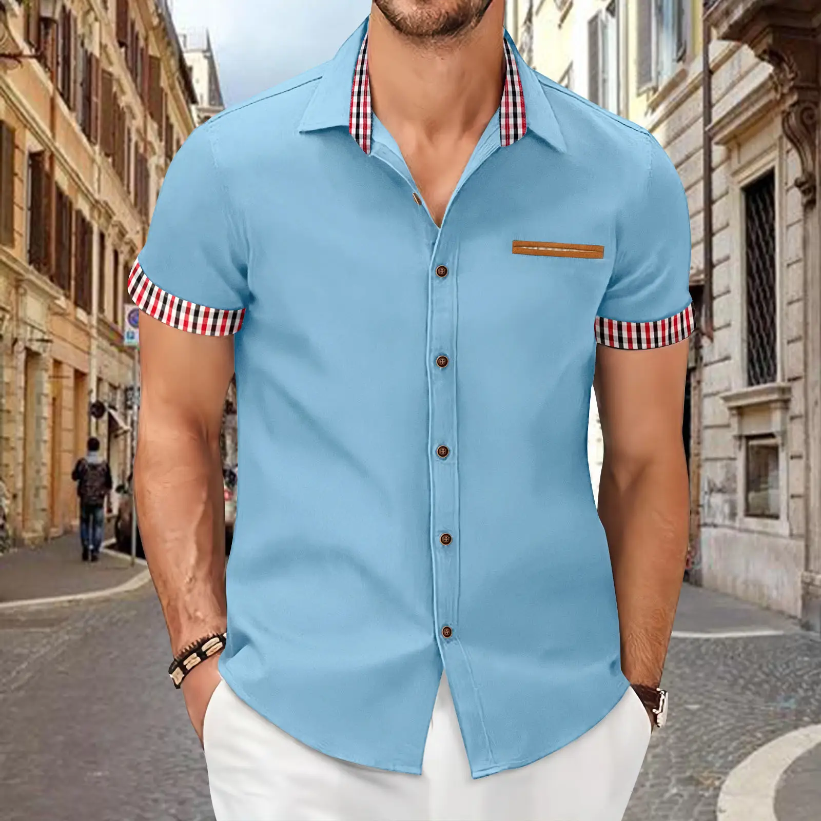 Men Black Plaid Short Sleeve Business Shirt — feature 7