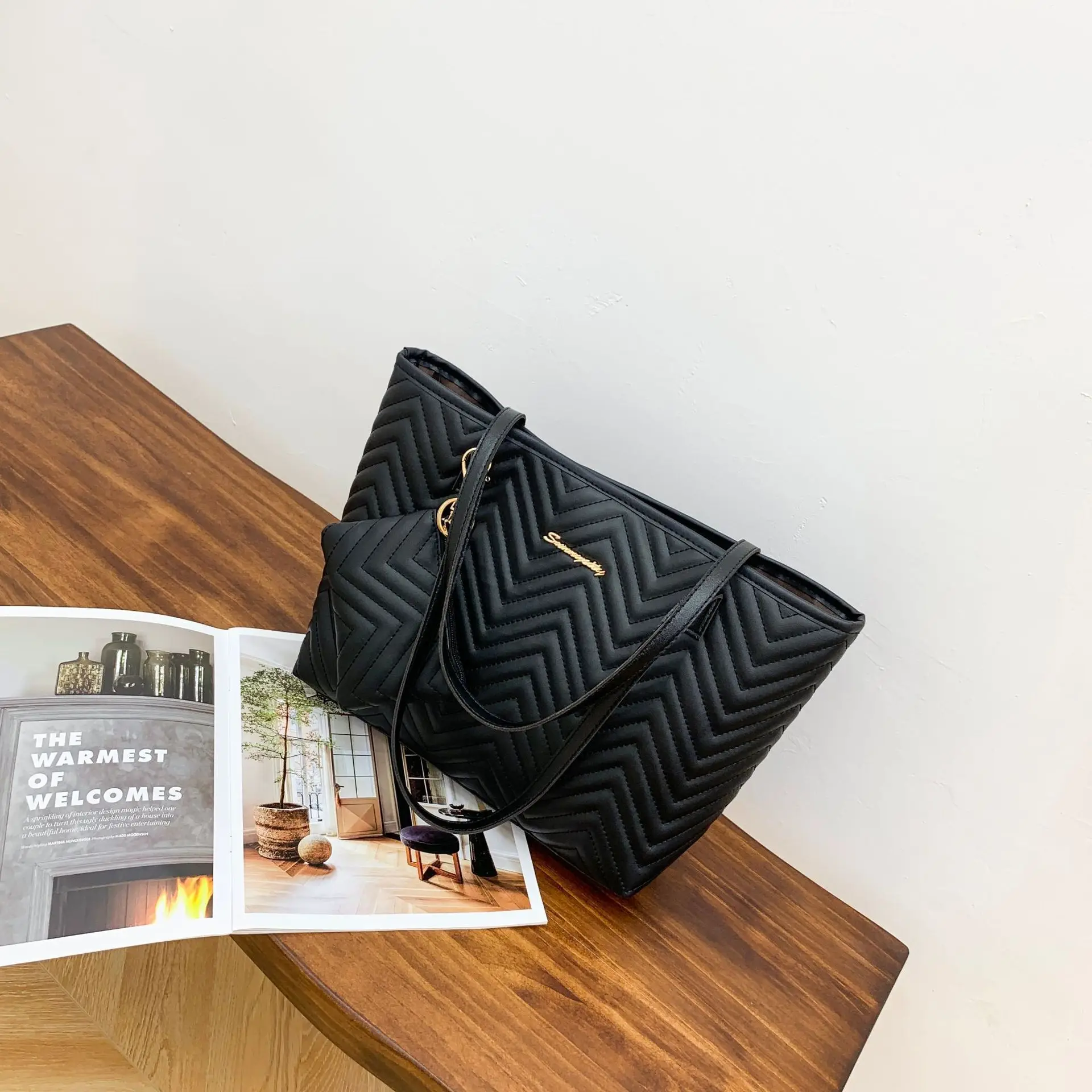 2-Piece Water Ripple Embroidered Tote Bag Women's Shoulder Bag - Image 2