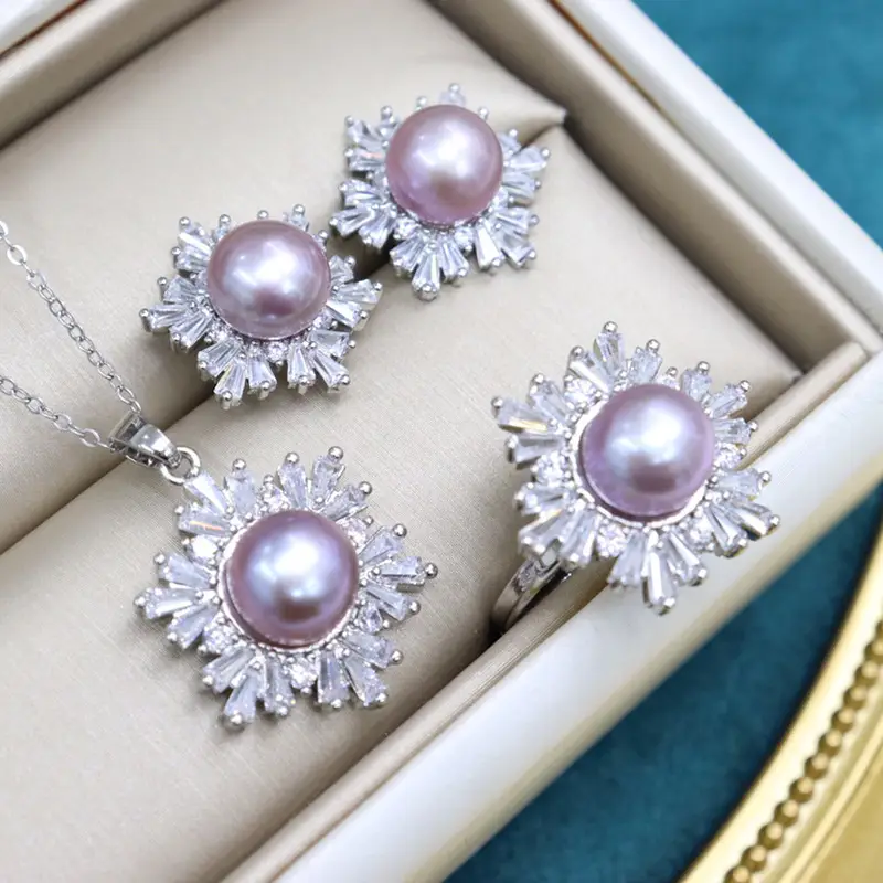 Three-Piece Pearl Jewelry Set for Women Silver - Image 2