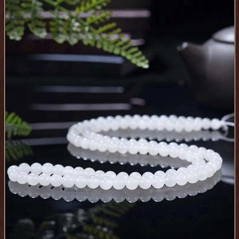 White Jade Round Beads Pendant String with Golden Silk - Image 5