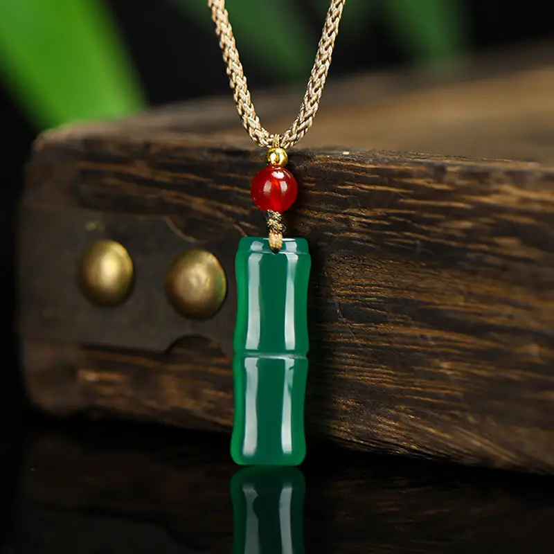Green Chalcedony Bamboo Pendant Necklace for Men Women - Image 4