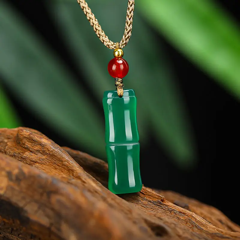 Green Chalcedony Bamboo Pendant Necklace for Men Women - Image 5