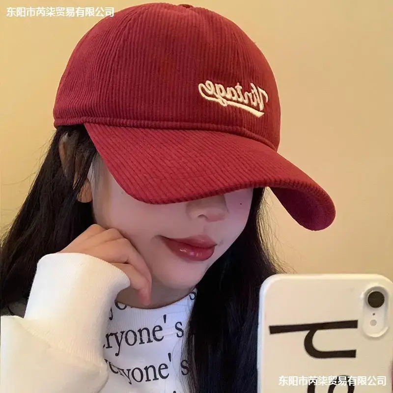 Women Red Corduroy Baseball Cap with Embroidery - Image 8