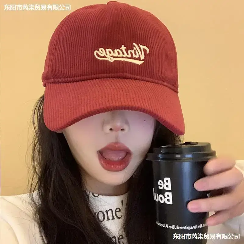 Women Red Corduroy Baseball Cap with Embroidery - Image 9