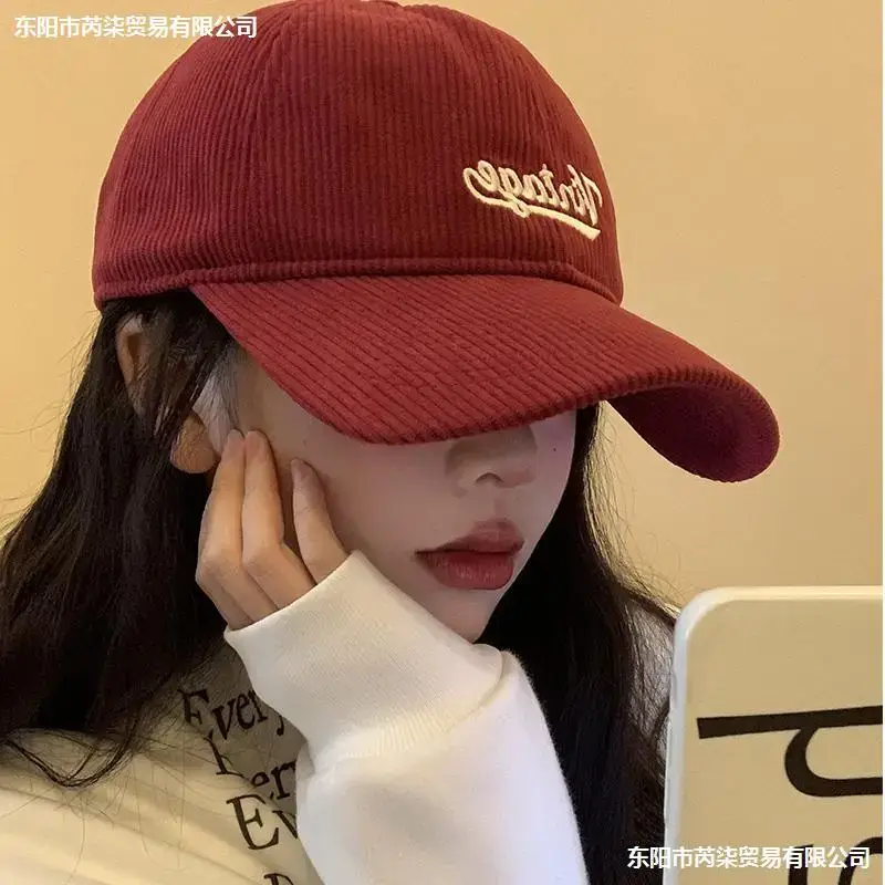 Women Red Corduroy Baseball Cap with Embroidery - Image 10