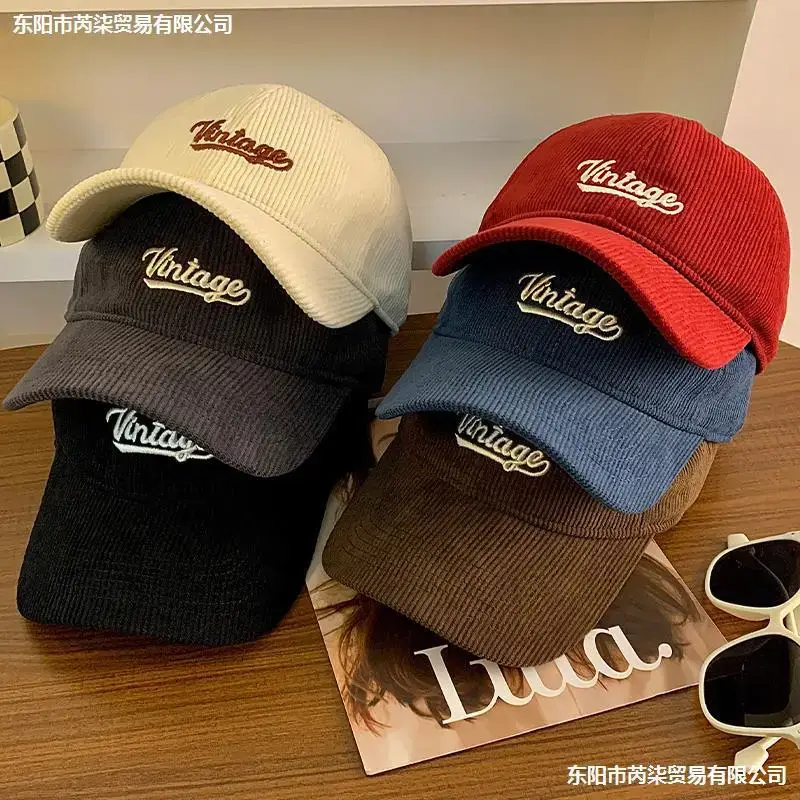 Women Red Corduroy Baseball Cap with Embroidery - Image 11
