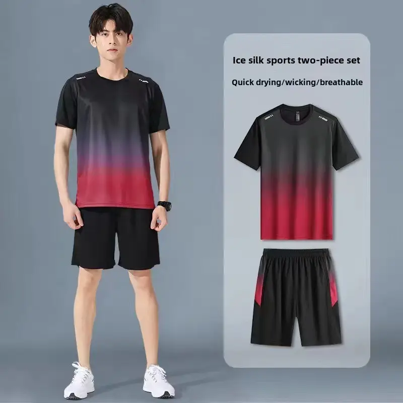 Men Ice Silk Sportswear Set Black Gradient Quick Dry - Image 10