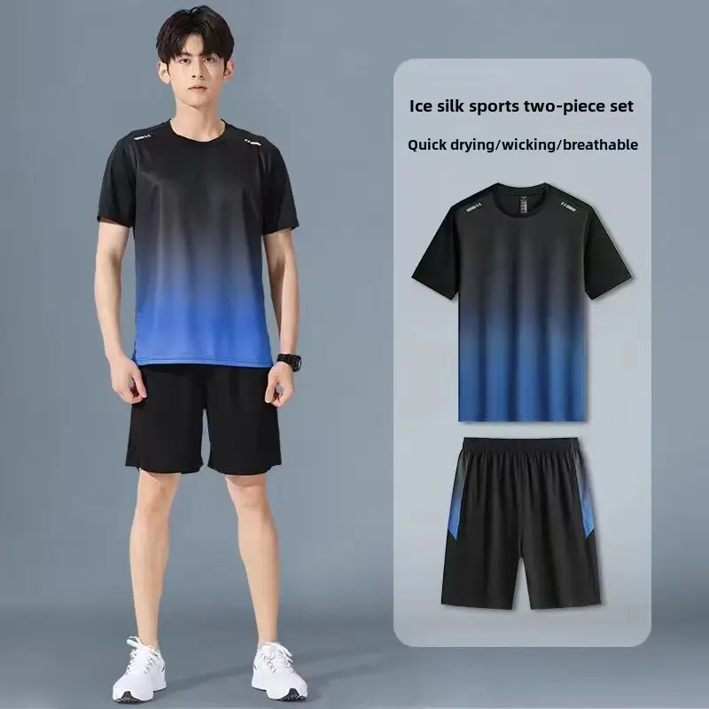 Men Ice Silk Sportswear Set Black Gradient Quick Dry - Image 17