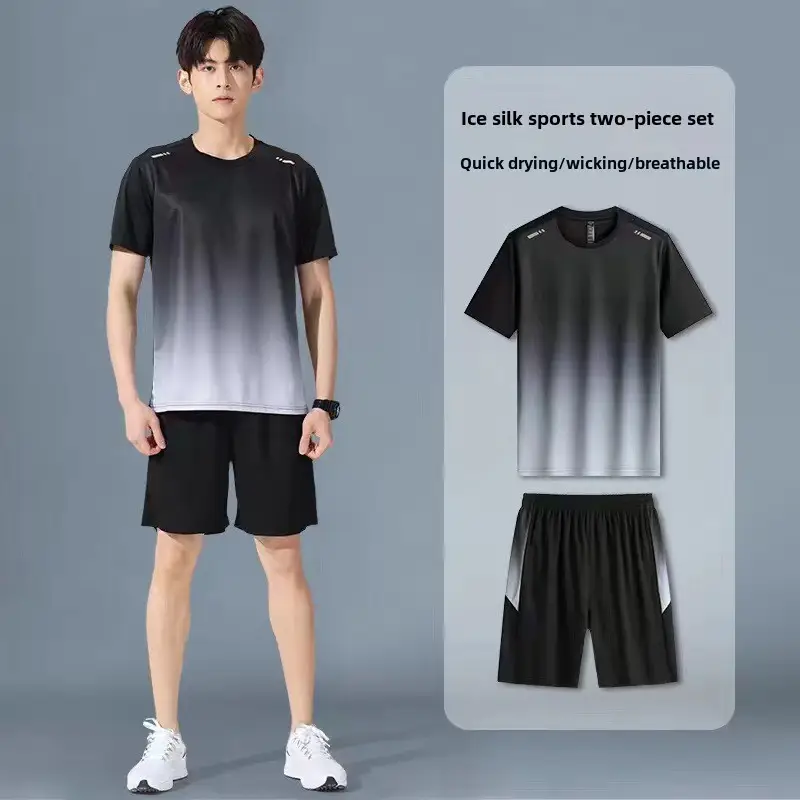 Men Ice Silk Sportswear Set Black Gradient Quick Dry - Image 2
