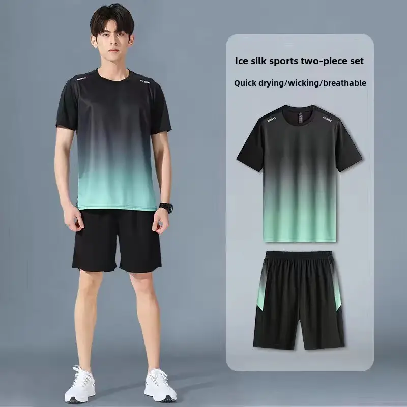 Men Ice Silk Sportswear Set Black Gradient Quick Dry - Image 24