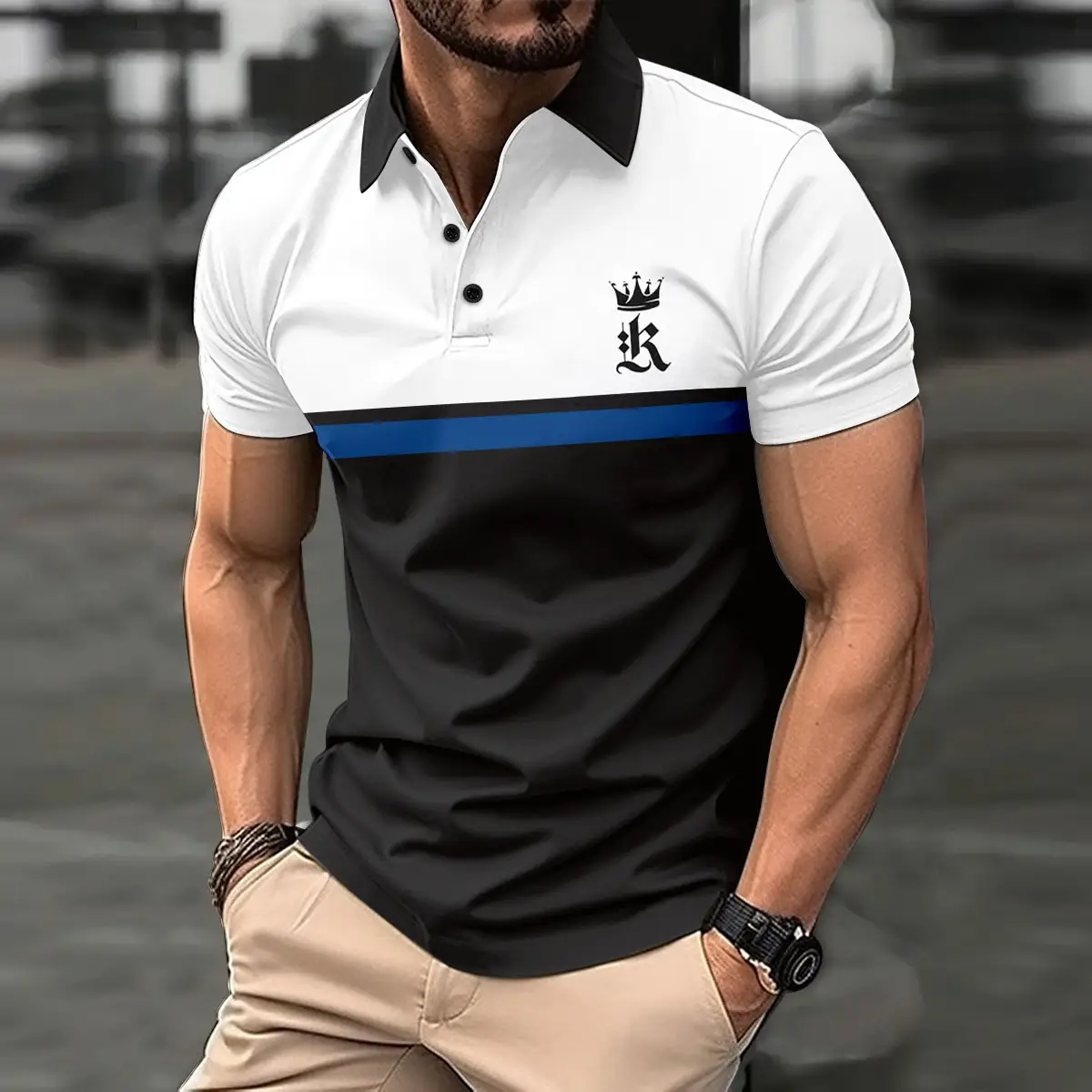 Men's 2026 Printed Polo Shirt White Black Blue - Image 4