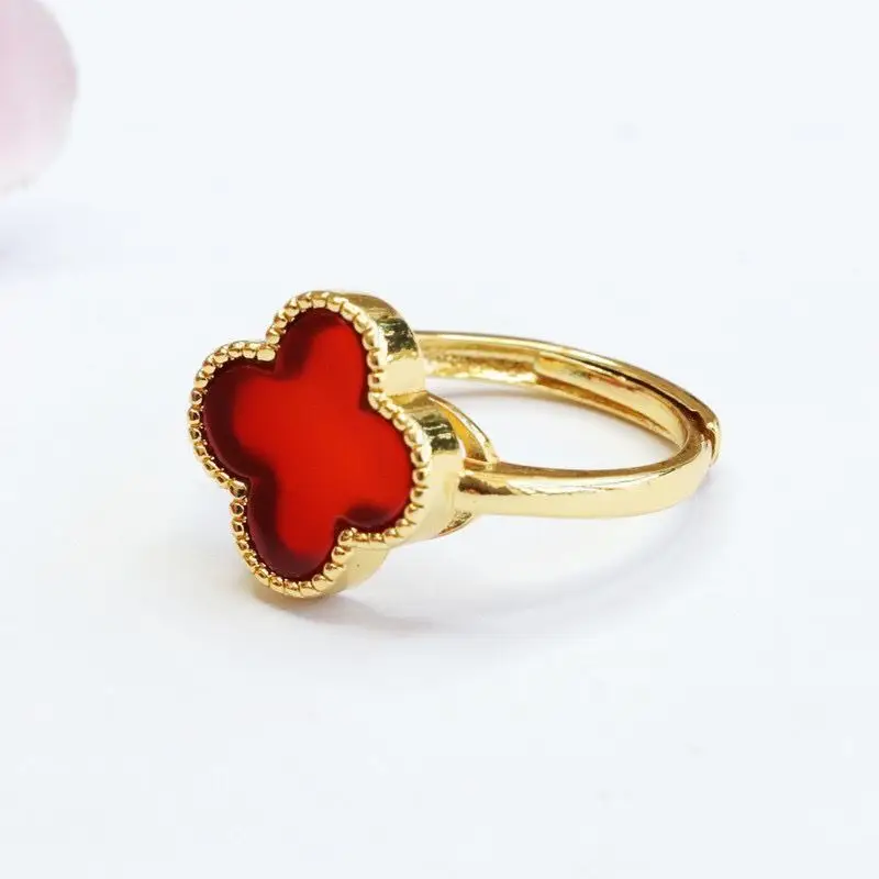 Red Agate Four-Leaf Clover Ring Gold Plated — feature 4