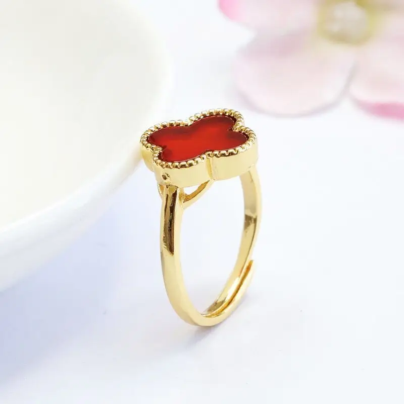 Red Agate Four-Leaf Clover Ring Gold Plated — feature 5