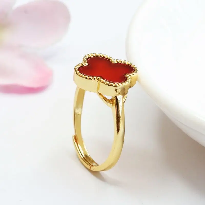 Red Agate Four-Leaf Clover Ring Gold Plated — feature 6
