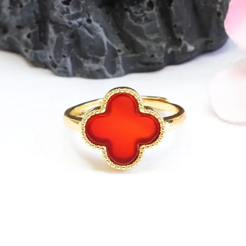 Red Agate Four-Leaf Clover Ring Gold Plated — feature 7