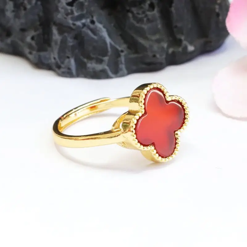 Red Agate Four-Leaf Clover Ring Gold Plated — feature 8
