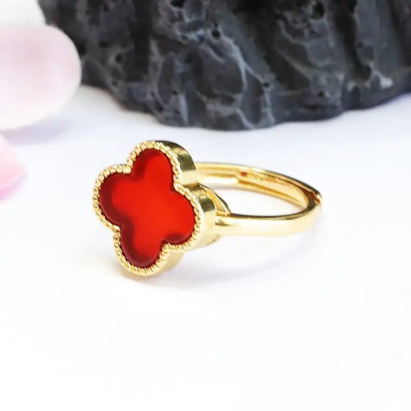 Red Agate Four-Leaf Clover Ring Gold Plated — feature 9