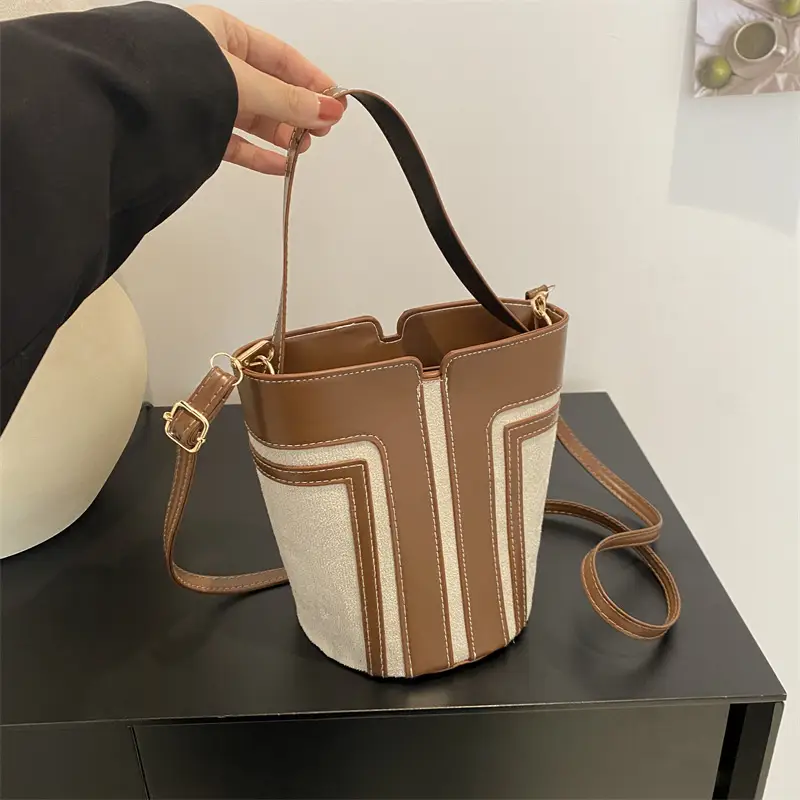 Trendy Brown Leather Bucket Bag with Crossbody Strap