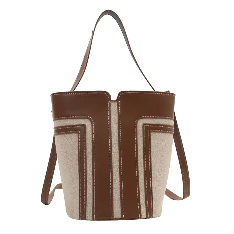 Trendy Brown Leather Bucket Bag with Crossbody Strap