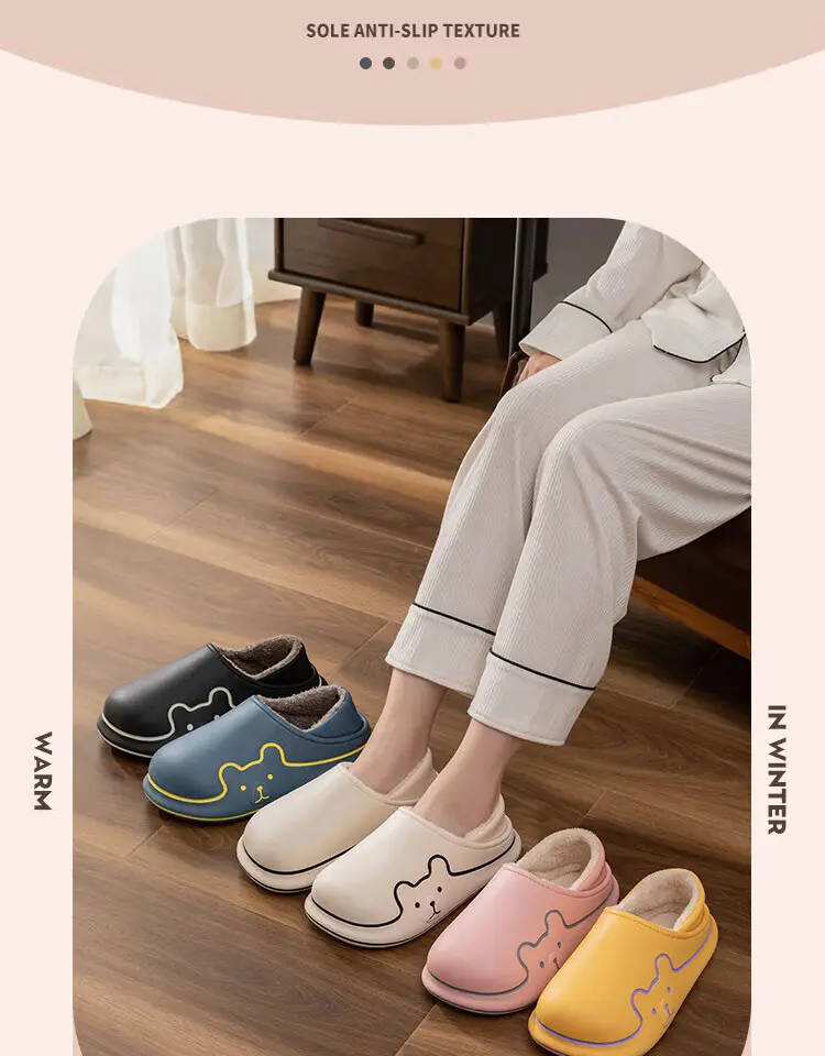 Waterproof Cotton Slippers for Women, Autumn and Winter Indoor Home Thick-Soled Fleece-Lined Warm Closed-Back Cotton Shoes for Men, Cartoon Non-Slip — feature 12