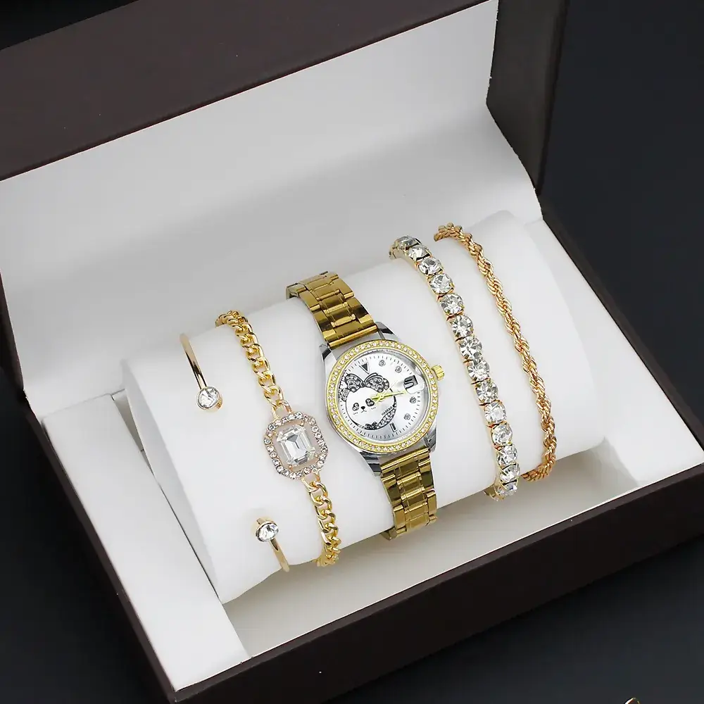 Gold Women's Diamond Watch with 4 Bracelet - Image 4