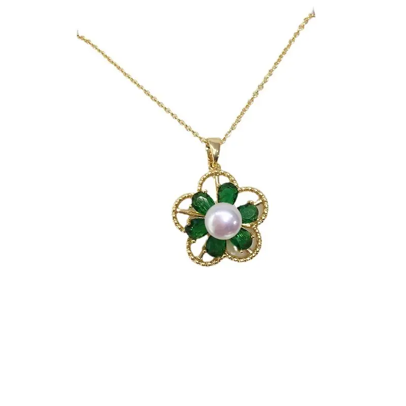 Natural Pearl Necklace with Green Zircon Flower Design - Image 5
